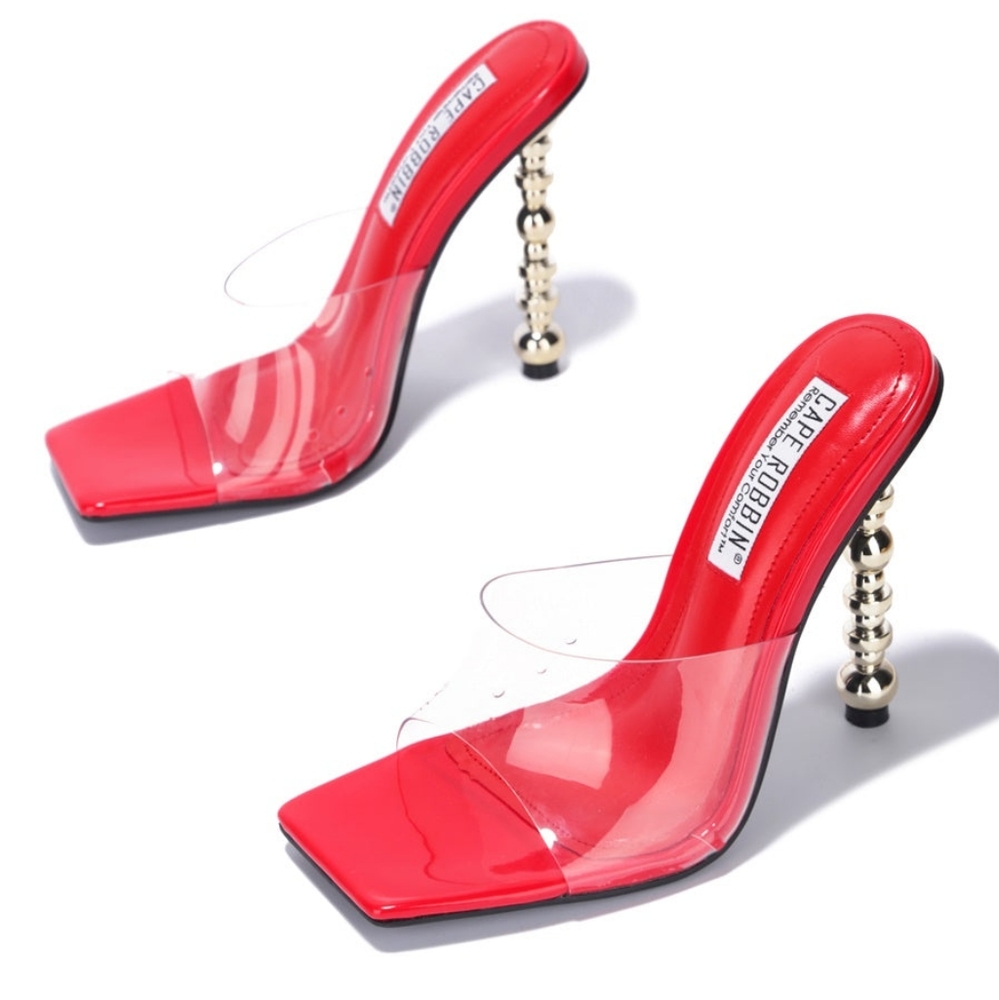 Red and clear high heel mules
